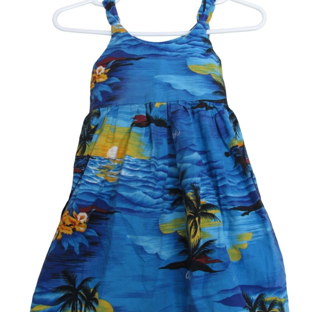 Hawaiian Sleeveless Kauai Sundress Infant Girls Medium Blue Yellow Sunset Ocean
